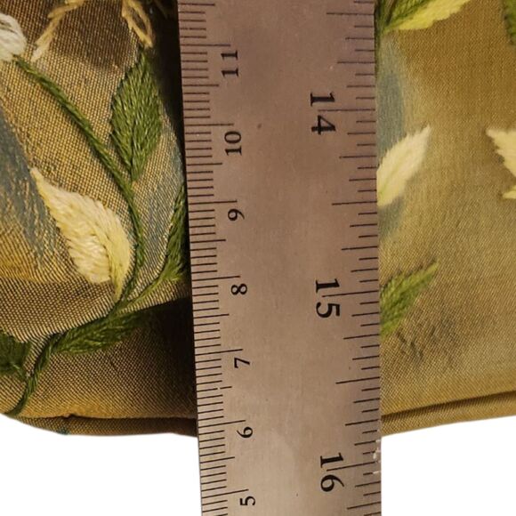 Silk Green Tote Purse Embroidered White Floral Design, 3 Compartments – 16"x9.5" - Picture 6 of 10